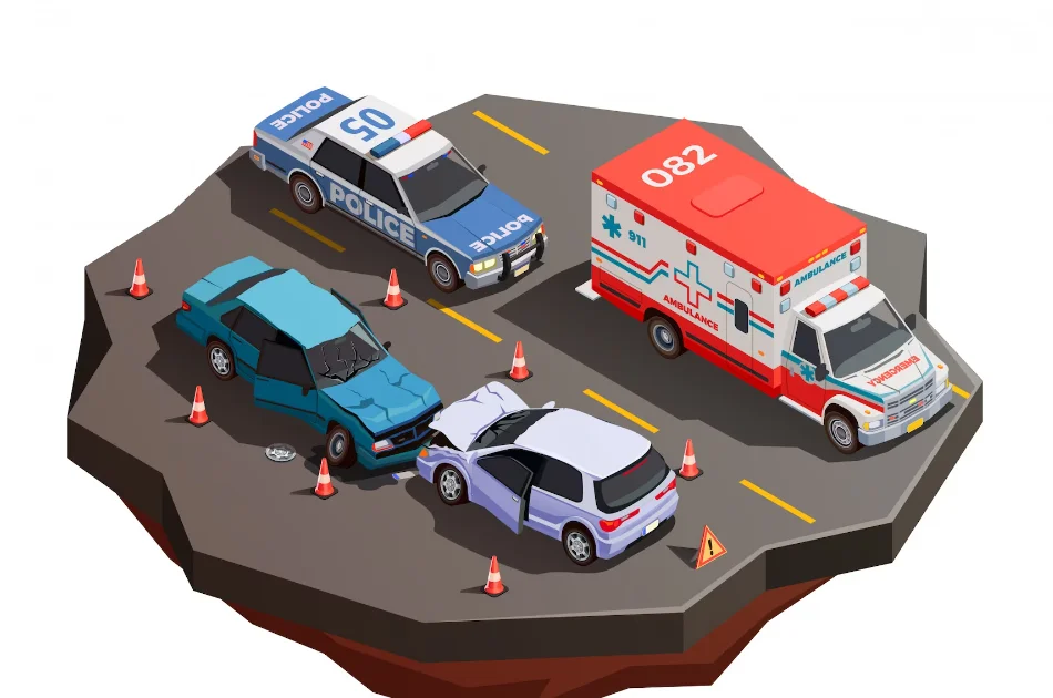 Public city transport isometric composition with two broken cars after collision